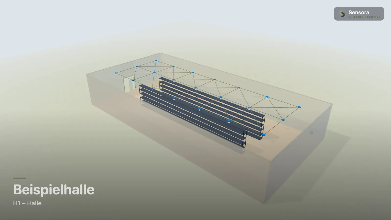Sensora: 3D view of a hall with rows of luminaires, sensor positions and the radio links to the gateway