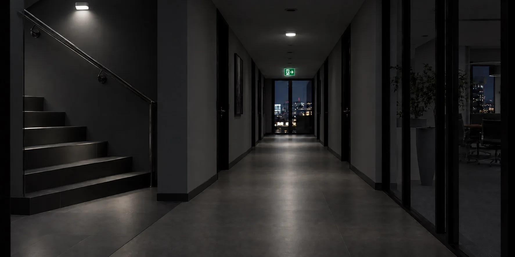 Emergency mode: only emergency luminaires and exit signs stay on