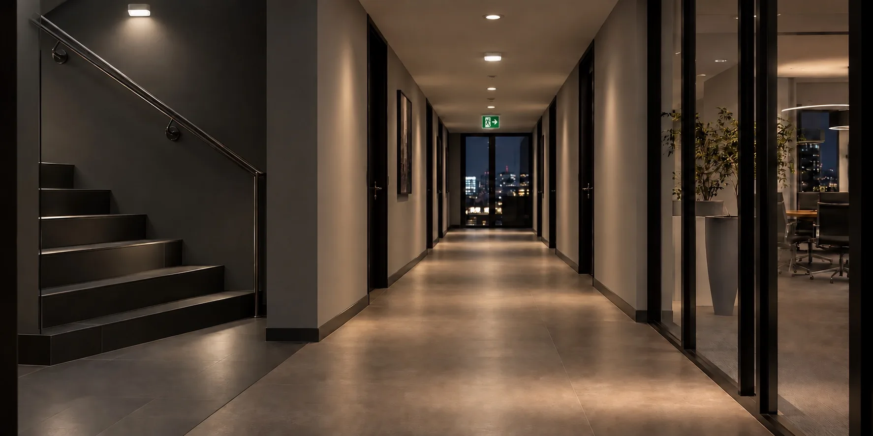 AI-generated corridor with ceiling-mounted escape route lighting