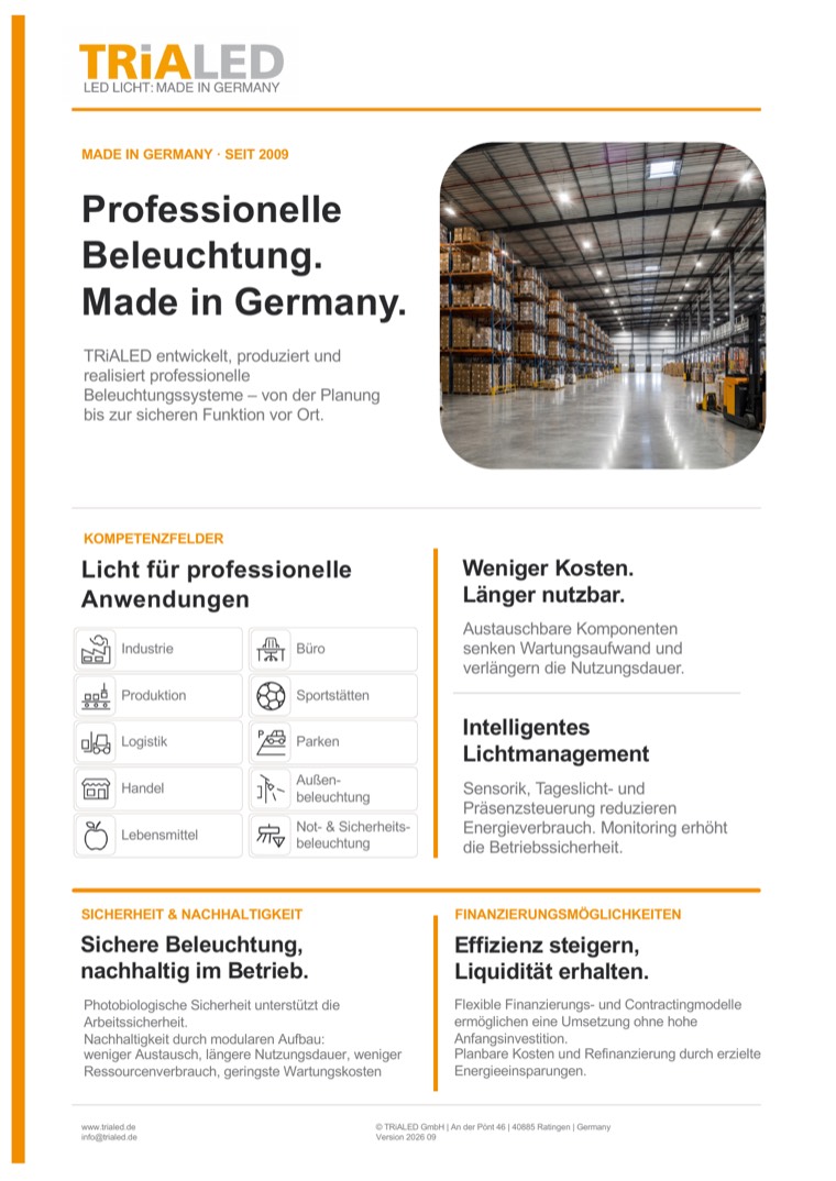 Seite 1 des TRiALED Unternehmensprofils: Kompetenzfelder, Wirtschaftlichkeit, Lichtmanagement, Sicherheit und Finanzierung