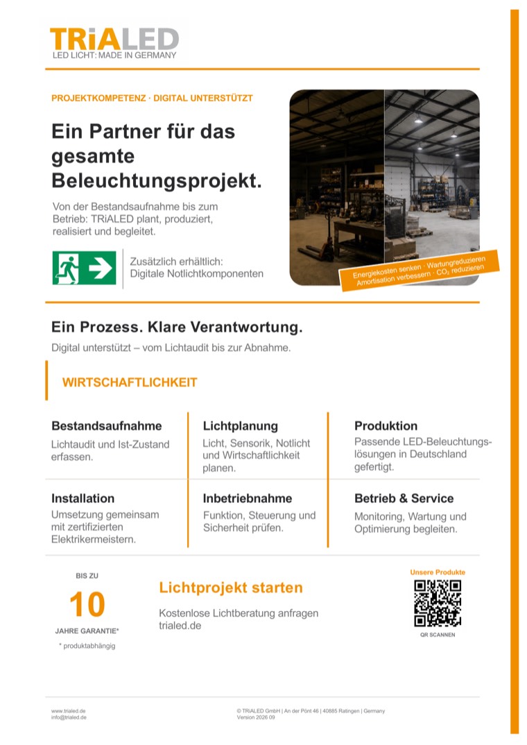 Seite 2 des TRiALED Unternehmensprofils: Projektkompetenz und der Ablauf von der Bestandsaufnahme bis zum Service